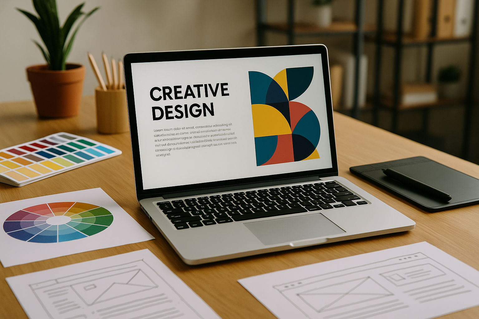Meja kerja desainer dengan laptop, palet warna, dan sketsa desain digital modern