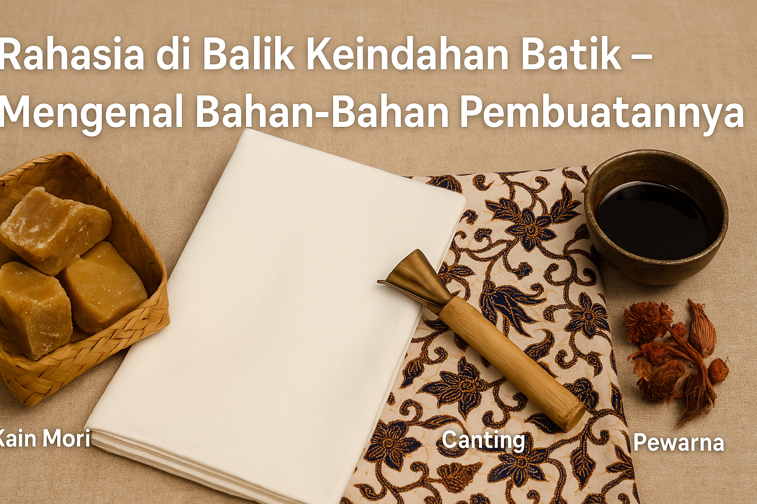 Peralatan dan bahan pembuatan batik tradisional Indonesia seperti canting, malam (lilin batik), kain mori, dan pewarna alami tersusun rapi di atas meja kayu dengan kain batik bermotif klasik.