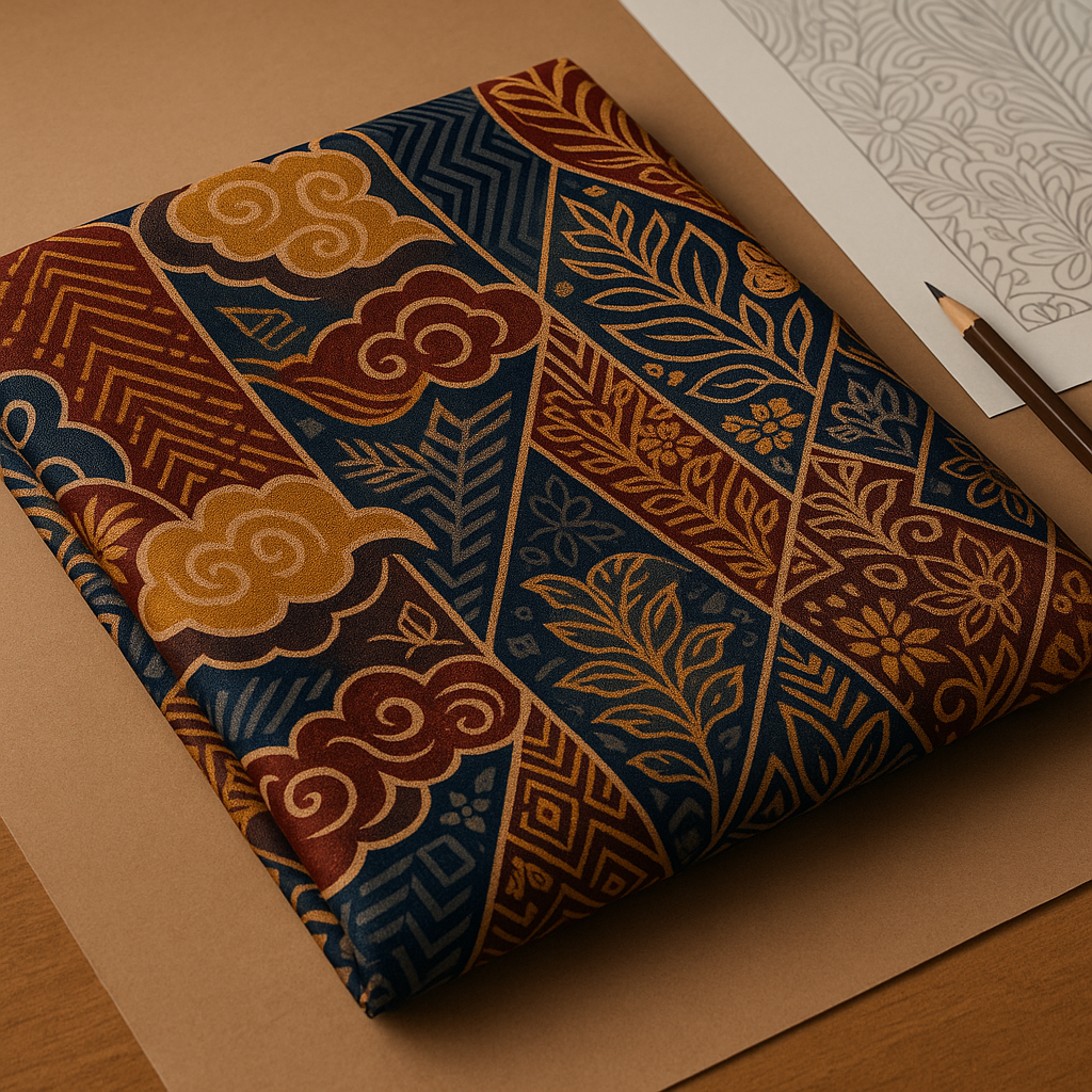 Desain batik modern dengan pola geometris dan warna kontemporer yang terinspirasi dari motif tradisional Nusantara