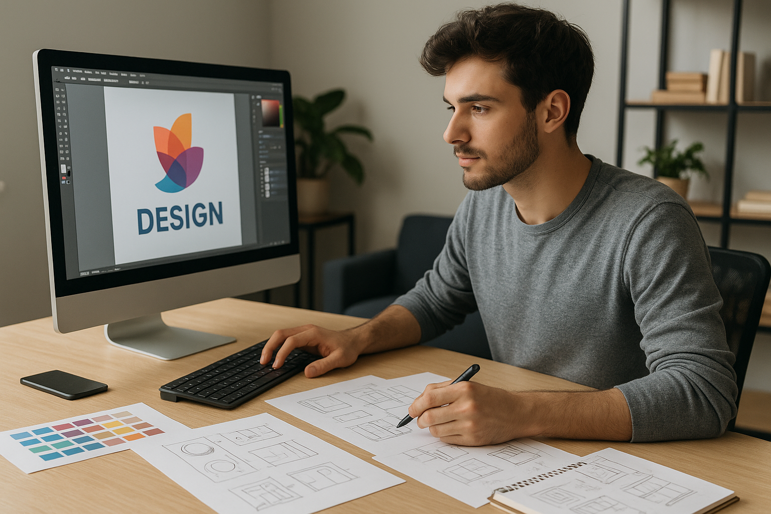 Seorang desainer muda sedang bekerja di studio modern dengan komputer dan sketsa desain di meja, menciptakan karya kreatif dengan cahaya alami di ruangan yang profesional.
